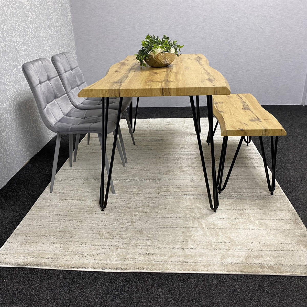Brown Wooden Dining Table with 4 Grey Chairs and Bench - Dining Kitchen Room Furniture
