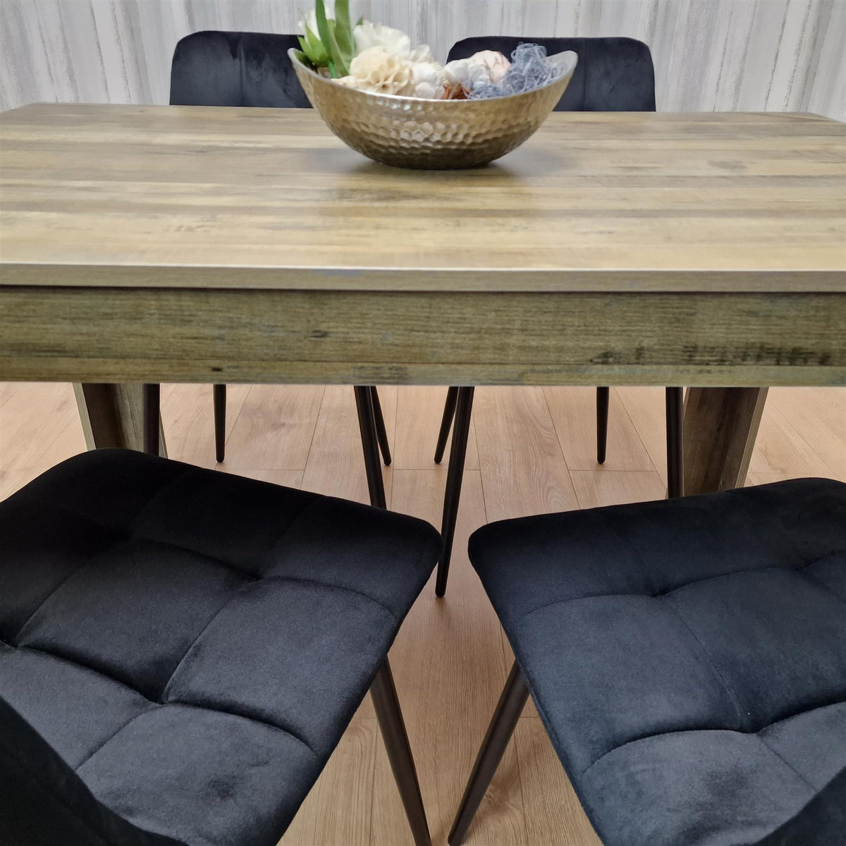 Dining Table and 4 Chairs Rustic Effect Wood Table 4 Black Velvet Chairs Dining Room