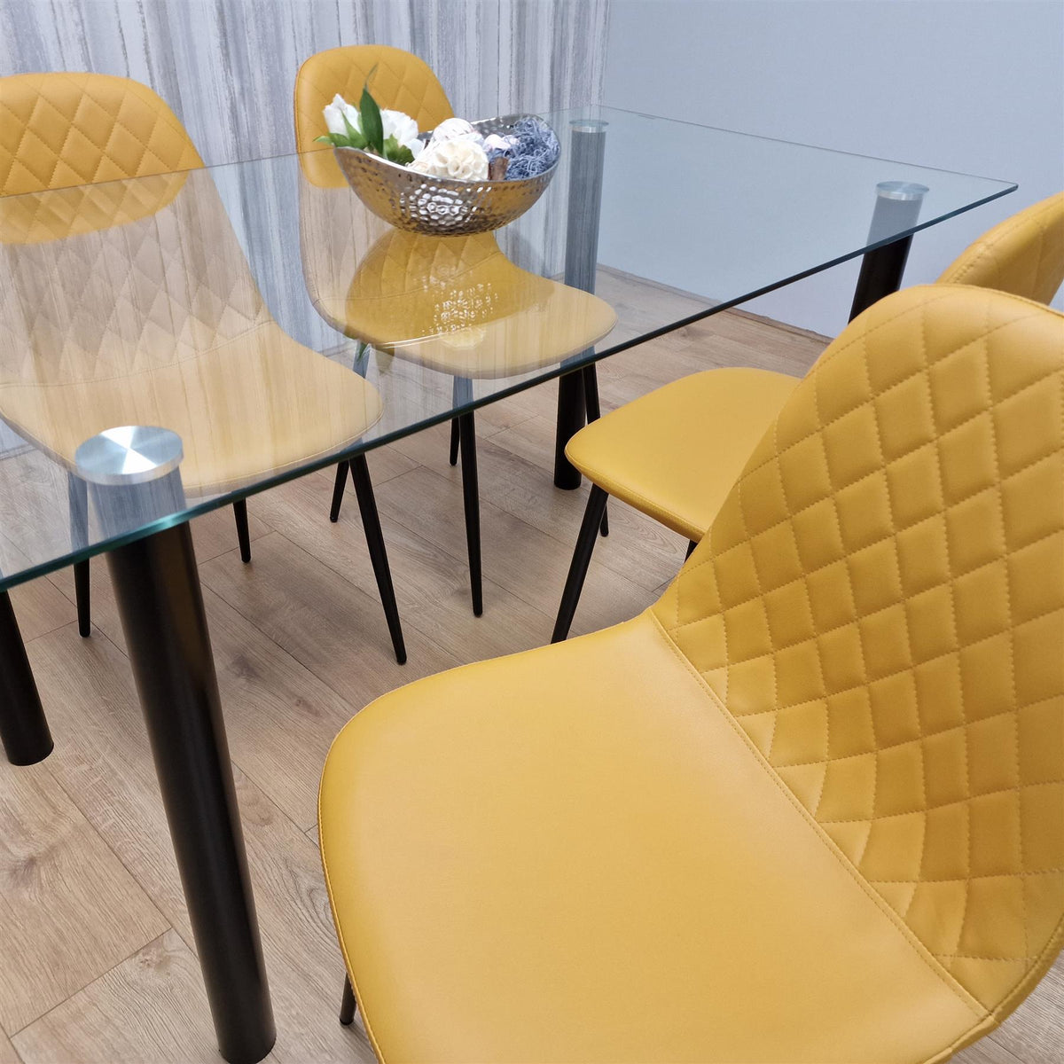 Glass Dining Table with 4 Mustard Chairs Dining Room Dining Table set for 4