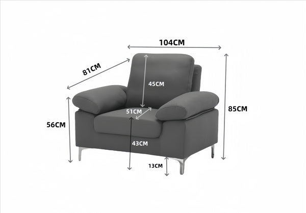 Modern Grey Fabric One Seater Sofa with Chrome Feet - Comfortable Couch with Cushion for Living Room, Bedroom or Office