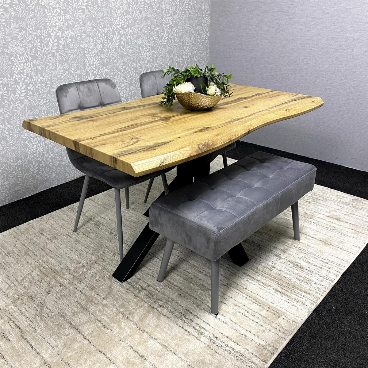 Wood Dining Set with Tufted Velvet Chairs & Grey Velvet Bench