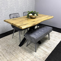 Wood Dining Set with Tufted Velvet Chairs & Grey Velvet Bench