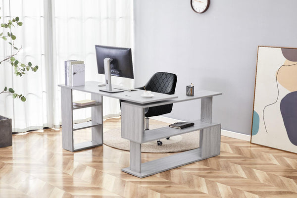 Grey Office Desk L-shaped with Black Velvet Upholstered Chair and Storage Drawers
