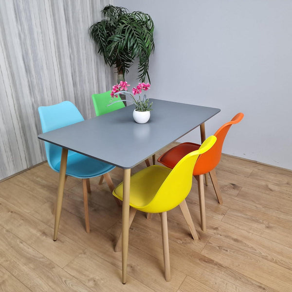 Dining Table and 4 Chairs Dark Grey Wood 4 Colourful  Plastic Leather Chairs Dining Room