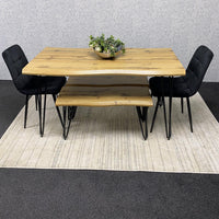Wooden Dining Table with 2 Benches and 2 Black Velvet Chairs