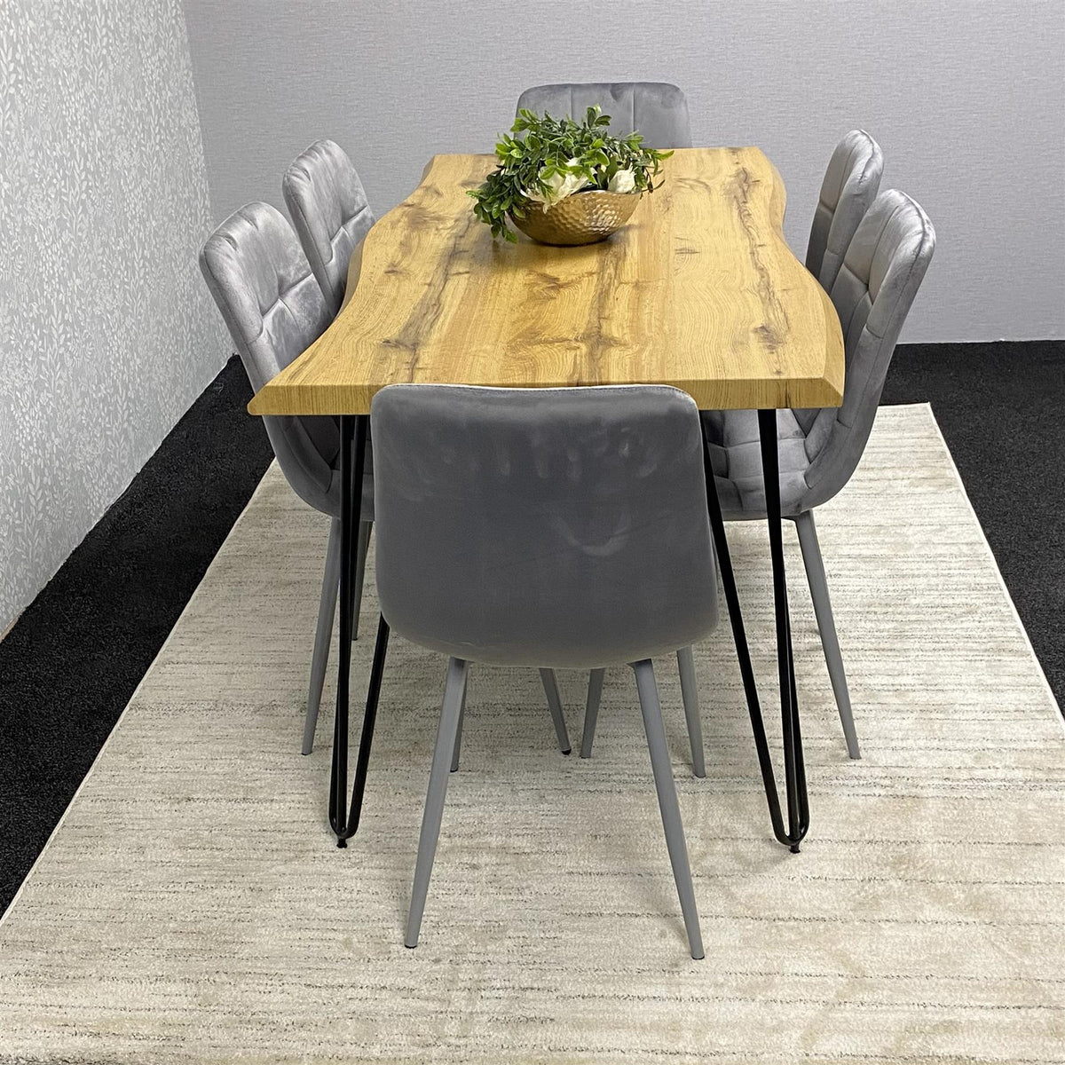 Wooden Dining Table and 6 Grey Velvet Chairs - Stylish Dining Room Furniture