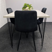 Grey Dining Table with Hairpin Legs & 4 Black Velvet Chairs Set for Kitchen & Dining Room