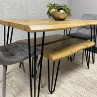 Wooden Dining Table with 2 Benches and 2 Grey Velvet Chairs