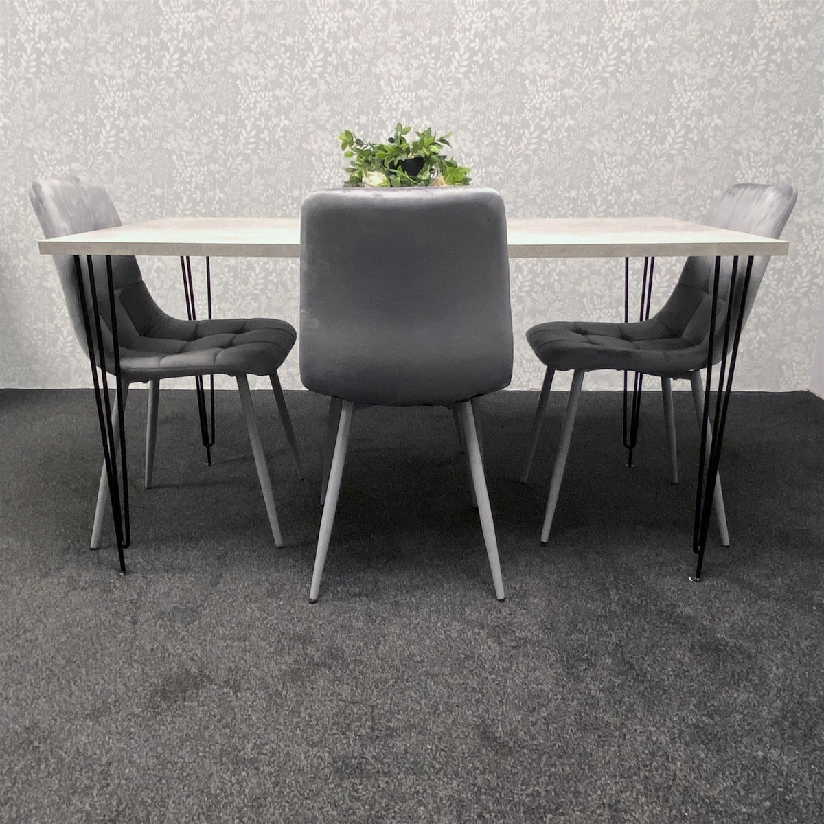 Grey Dining Table with Hairpin Legs & 4 Grey Velvet Chairs Set for Kitchen & Dining Room