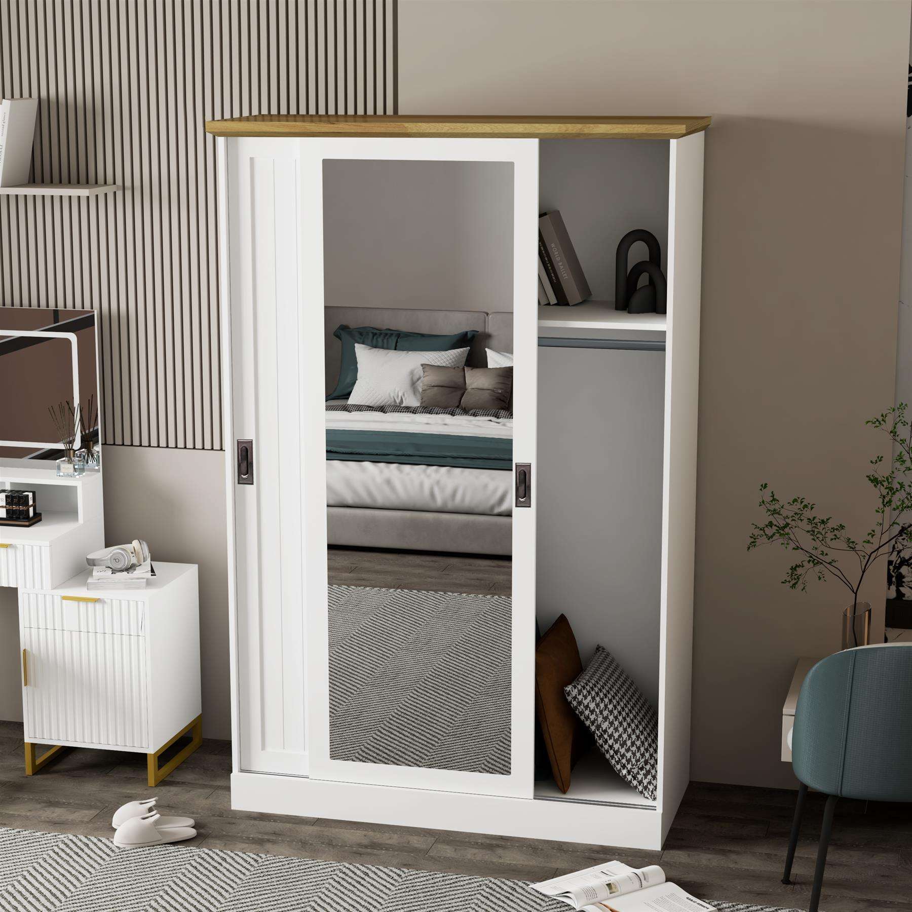 Wardrobe with Sliding Door and Full Length Mirror White and Wood Top Finish for Bedroom