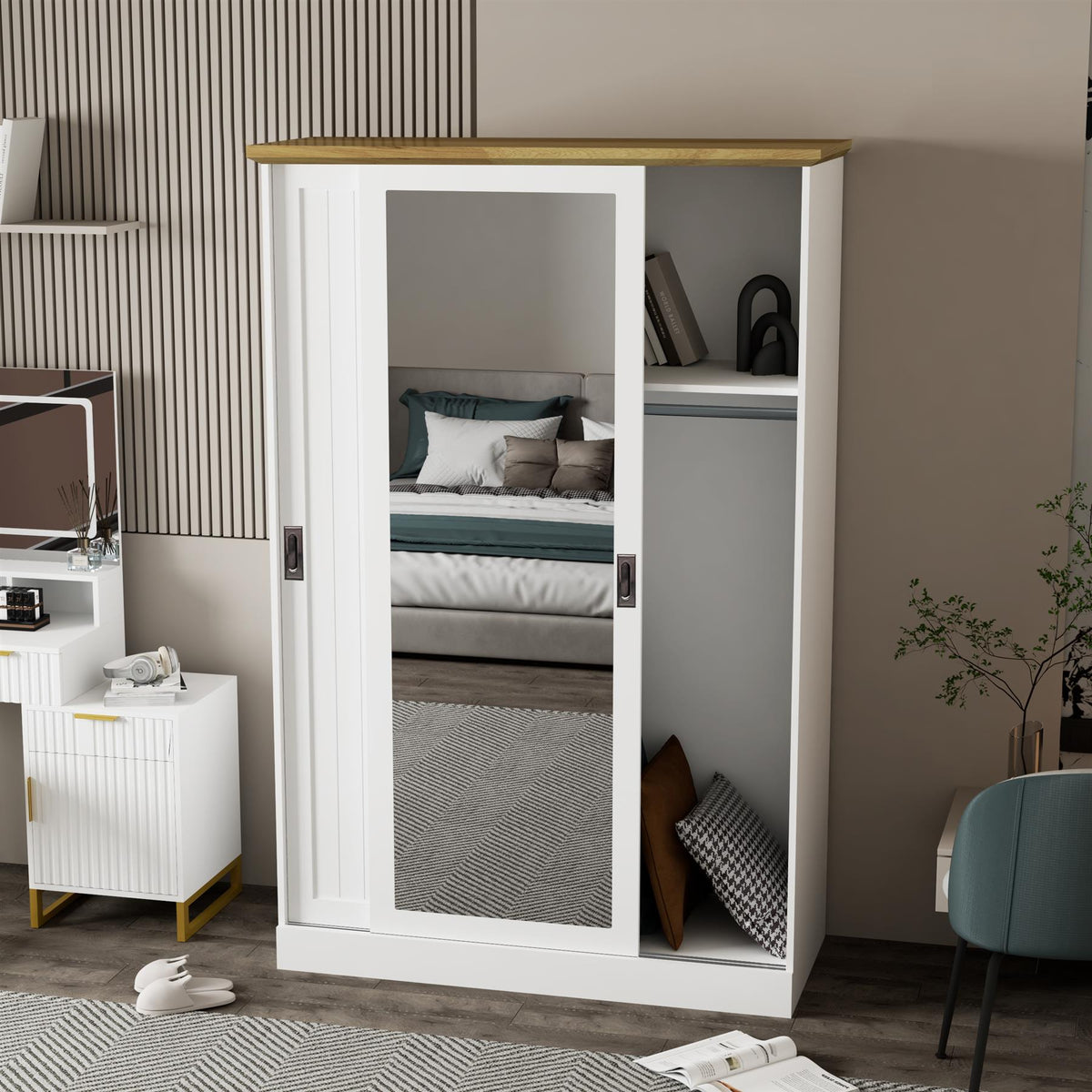 Wardrobe with Sliding Door and Full Length Mirror White and Wood Top Finish for Bedroom
