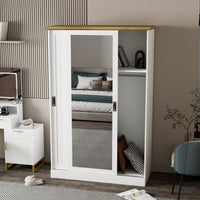 Wardrobe with Sliding Door and Full Length Mirror White and Wood Top Finish for Bedroom