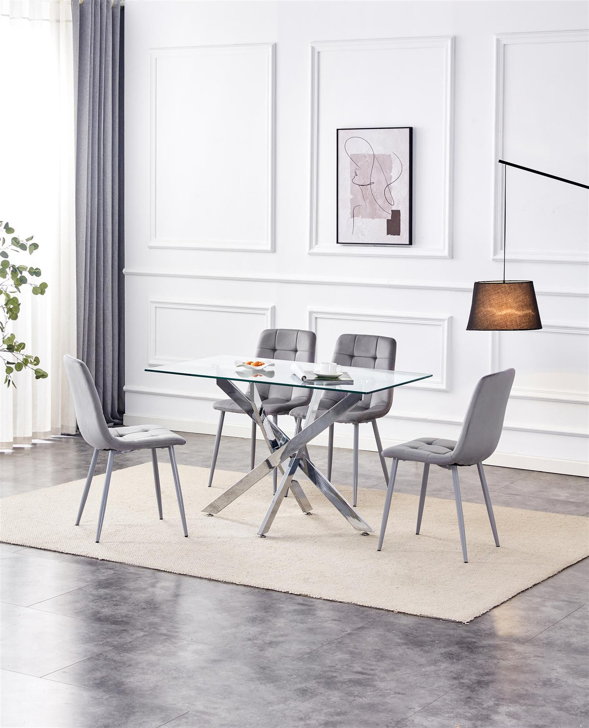 Dining Table and 4 Chairs Rectangle Glass Table 4 Grey Velvet Chairs Dining Set