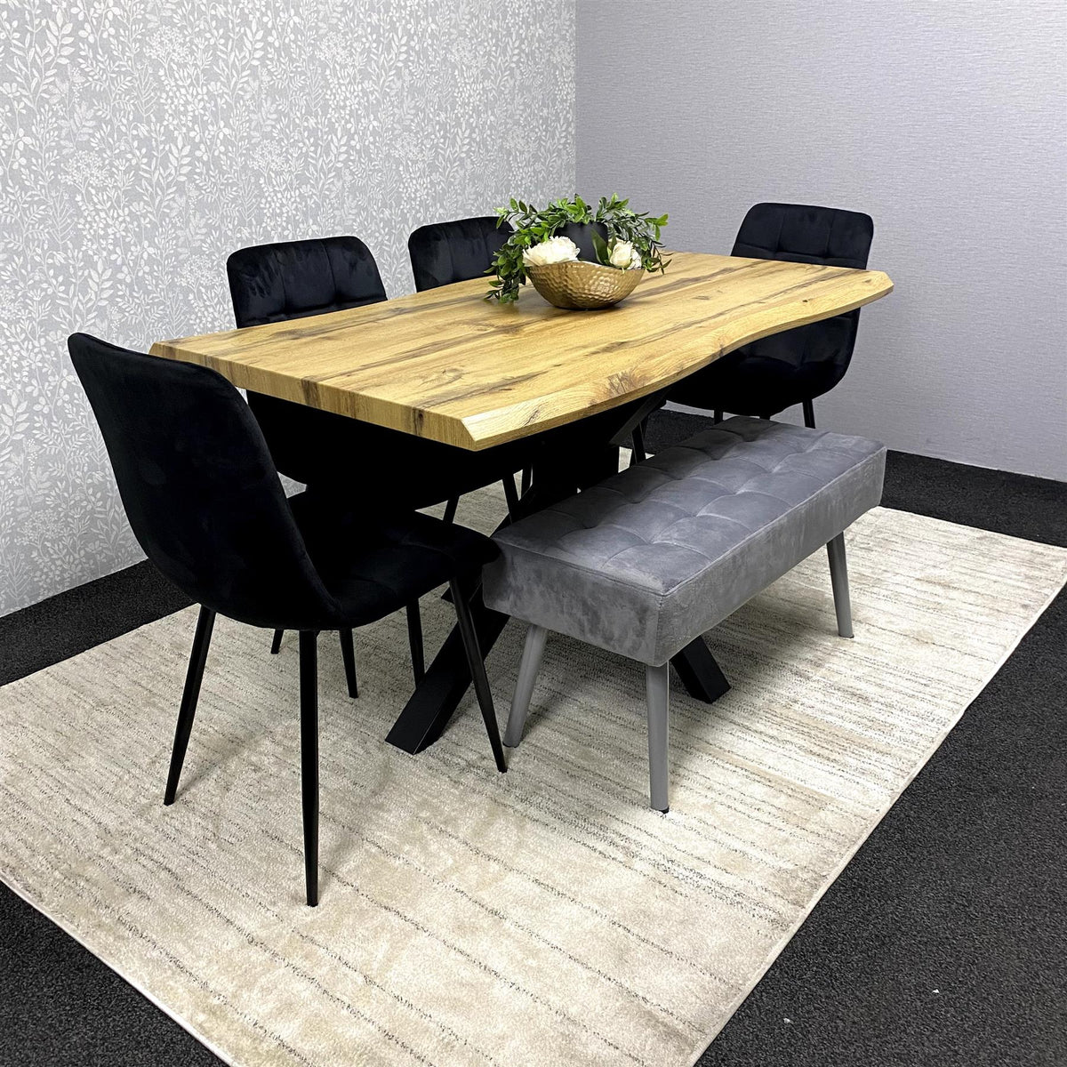 Wood Dining Set with Velvet Chairs & Grey Velvet Bench