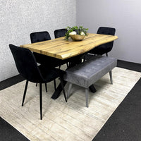 Wood Dining Set with Velvet Chairs & Grey Velvet Bench