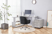 Grey Office Desk L-shaped with Black Velvet Upholstered Chair and Storage Drawers