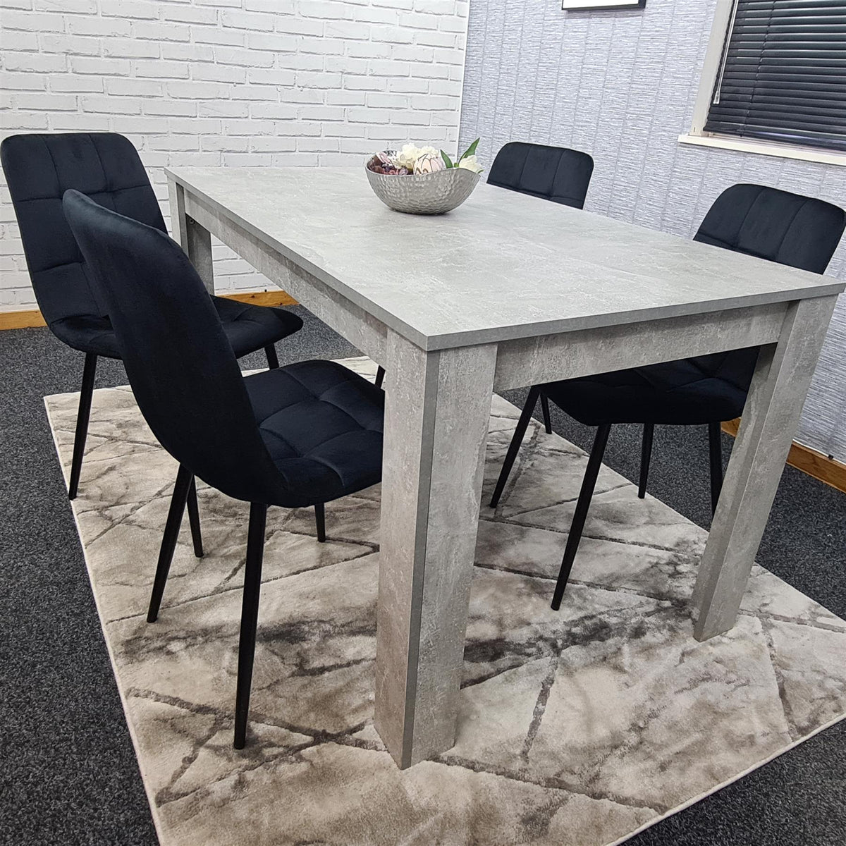 Dining Table with 4 Black Velvet Chairs Stone Grey Effect Wood Table Set for Dining Room