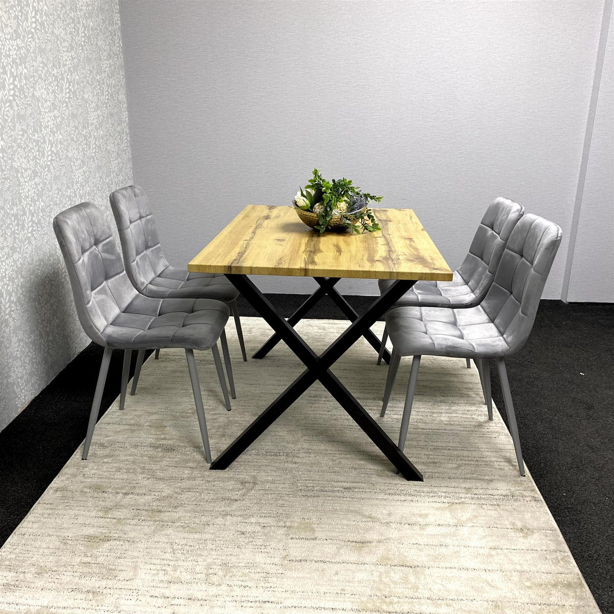 Modern Dining Table Set with  4 Grey Velvet Chairs – Wood Effect Tabletop with X-Shaped Metal Legs – Stylish Kitchen or Dining Room Furniture