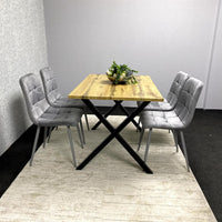 Modern Dining Table Set with  4 Grey Velvet Chairs – Wood Effect Tabletop with X-Shaped Metal Legs – Stylish Kitchen or Dining Room Furniture
