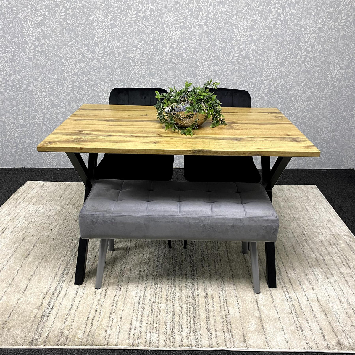 Modern Dining Table Set with Padded Bench and Black Velvet Chairs – Wood Effect Tabletop with X-Shaped Metal Legs – Stylish Kitchen or Dining Room Furniture