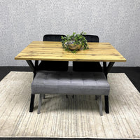 Modern Dining Table Set with Padded Bench and Black Velvet Chairs – Wood Effect Tabletop with X-Shaped Metal Legs – Stylish Kitchen or Dining Room Furniture