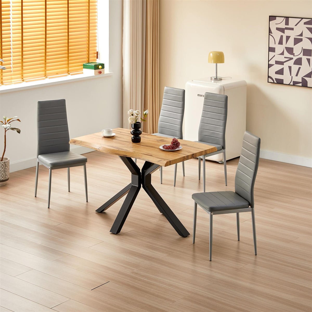Brown Wooden Dining Table X-Shaped Legs with 4 Grey Leather Chairs - Dining Kitchen Room Furniture