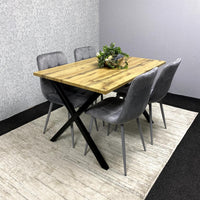 Modern Dining Table Set with  4 Grey Velvet Chairs – Wood Effect Tabletop with X-Shaped Metal Legs – Stylish Kitchen or Dining Room Furniture