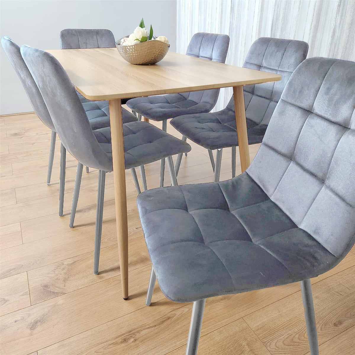 Beige Oak Design Dining Table Set with Velvet Chairs & Metal Legs