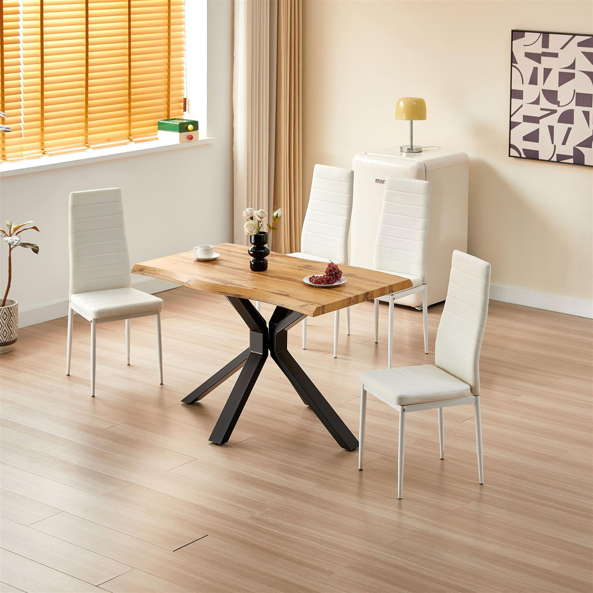 Brown Wooden Dining Table with 4 White Leather Chairs - Dining Kitchen Room Furniture