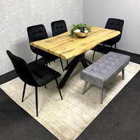 Wood Dining Set with Velvet Chairs & Grey Velvet Bench