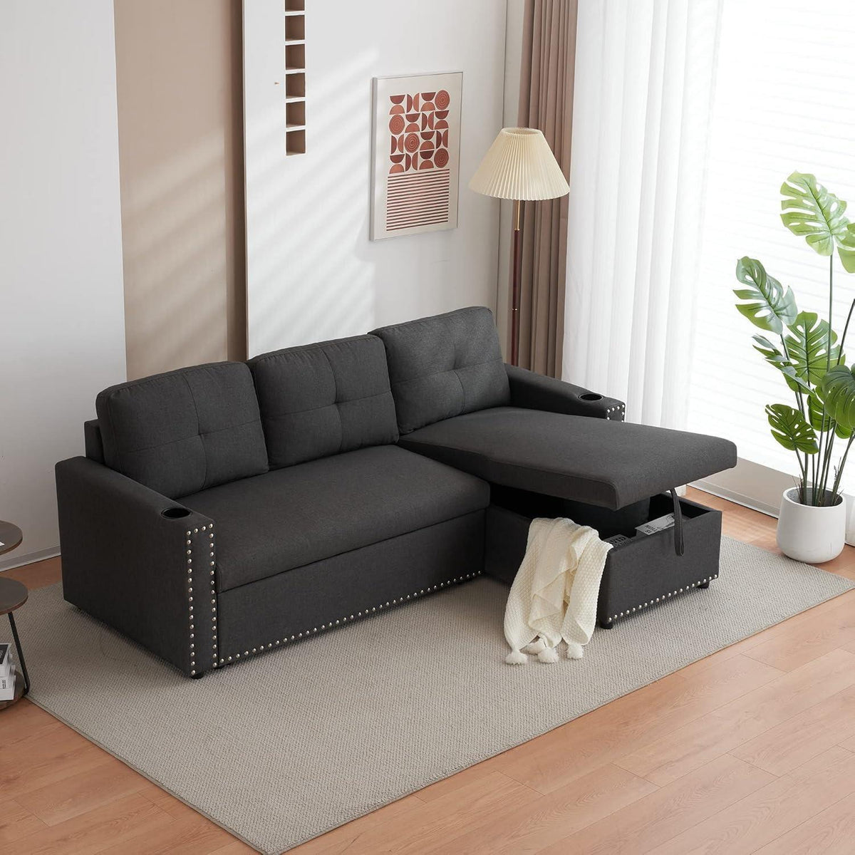 Sofabed 3 Seater Reversible Sectional Sofa Sleeper Set with Storage Chaise, Built-in Cupholder, Decorative Rivets, Pull-out Bed, and Dark Grey Fabric