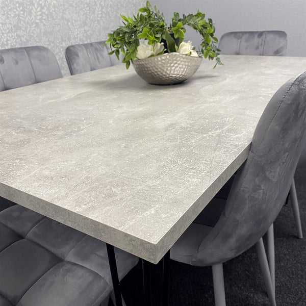 Grey Wooden Dining Table Hairpin Legs with 6 Grey Velvet Chairs - Dining Kitchen Room Furniture