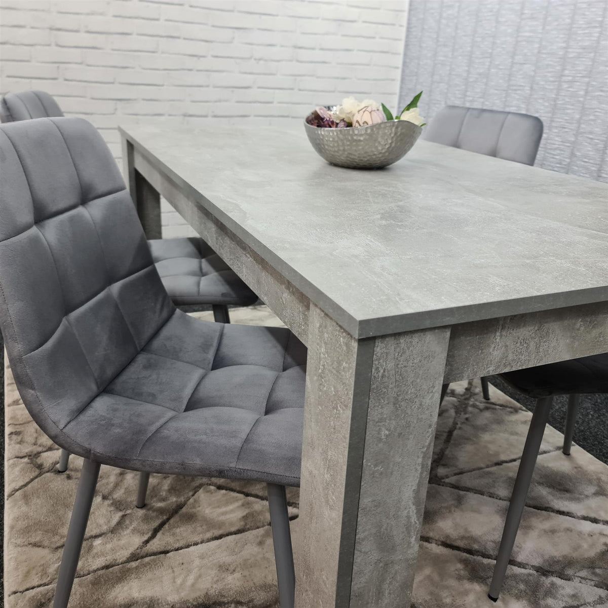 Dining Table with 4 Grey Velvet Chairs Stone Grey Effect Wood Table Set for Dining Room
