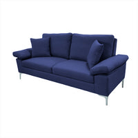 Modern Three Seater Sofa Blue Fabric with Chrome Feet - Comfortable Couch with Cushion for Living Room, Bedroom or Office