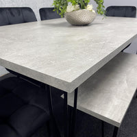Grey Dining Table with Hairpin Legs, Bench & 4 Black Velvet Chairs Set for Kitchen & Dining Room