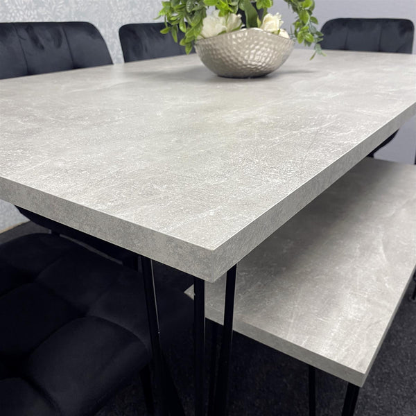 Grey Dining Table with Hairpin Legs, Bench & 4 Black Velvet Chairs Set for Kitchen & Dining Room