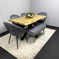MDF Dining Set with Grey Velvet Chairs & Tufted Velvet Bench
