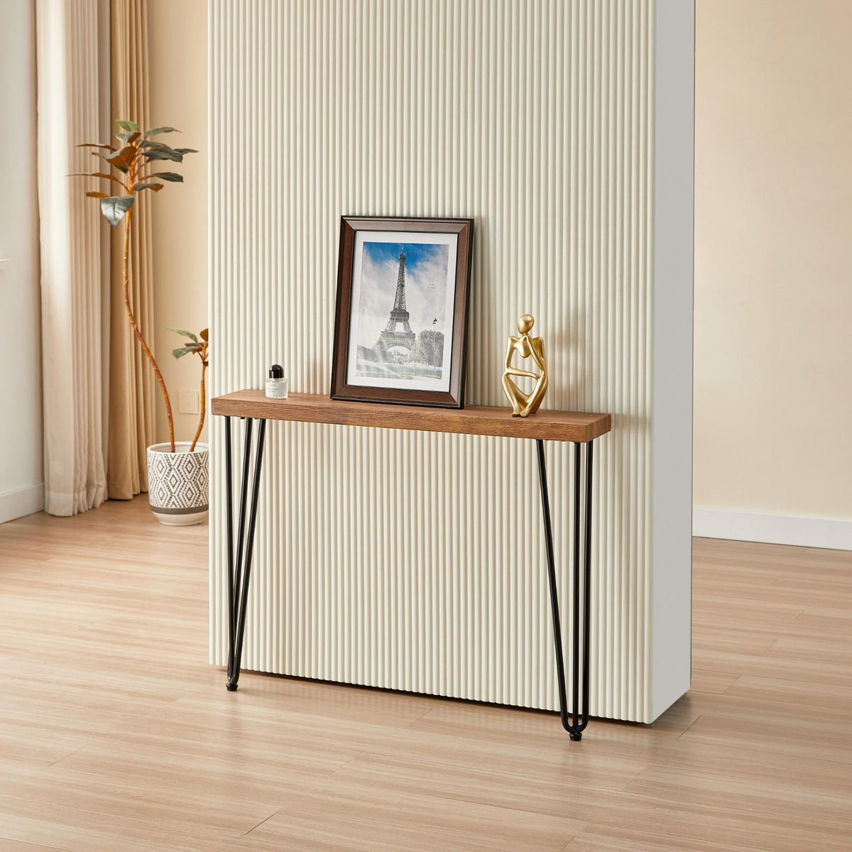 Modern Side Console Table with Veneer Top and Iron Legs