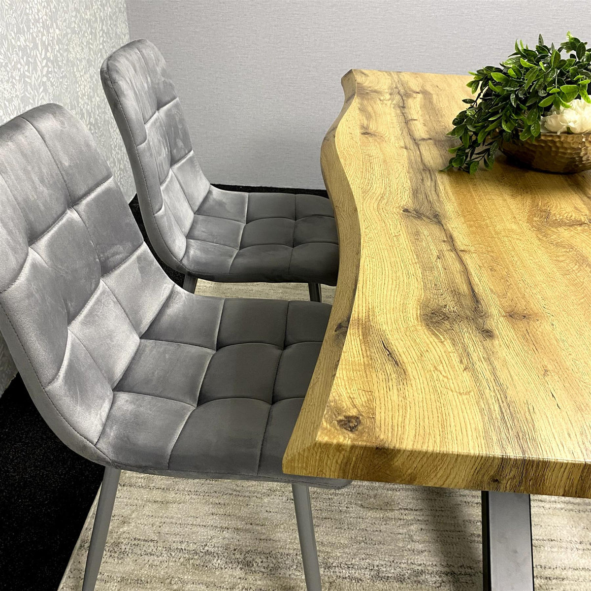 Wood Dining Set with Tufted Velvet Chairs & Grey Velvet Bench