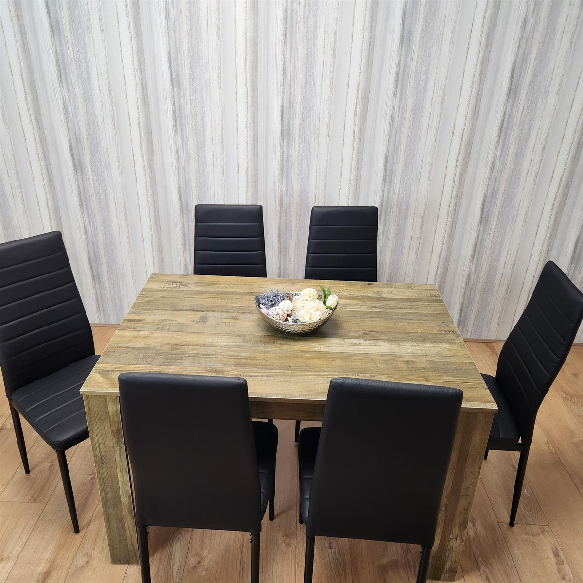 Dining Table and 6 Black Metal Leather Chairs Rustic Effect Wood Dining Room