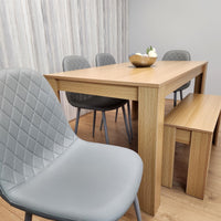 Wooden Dining Table Set for 6 Oak Effect Table With 4 Grey Gem Patterned  Chairs and 1 Bench