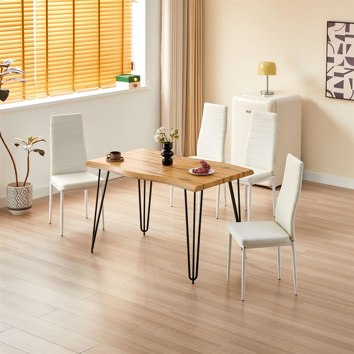 Brown Wooden Dining Table with 4 White Chairs - Dining Kitchen Room Furniture