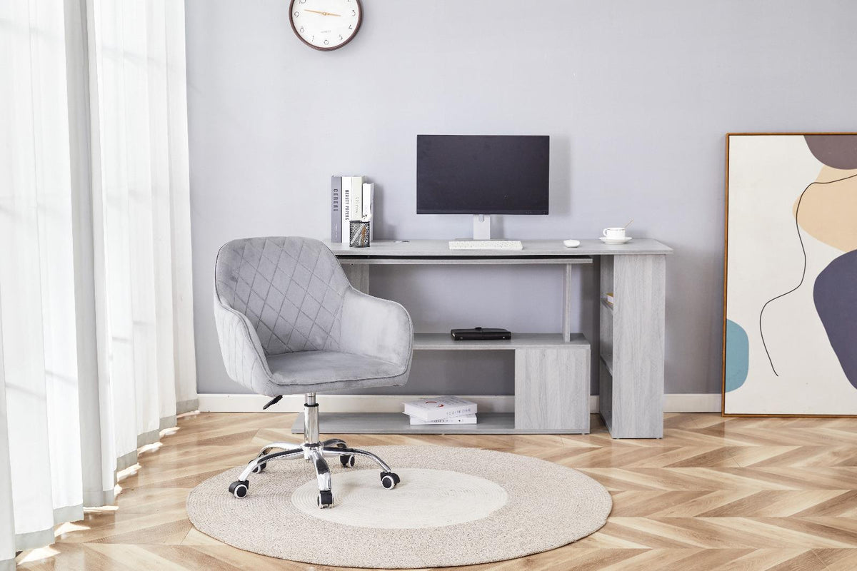 Grey Office Desk L-shaped with Grey Velvet Upholstered Chair and Storage Drawers