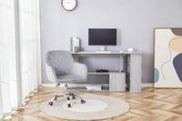 Grey Office Desk L-shaped with Grey Velvet Upholstered Chair and Storage Drawers