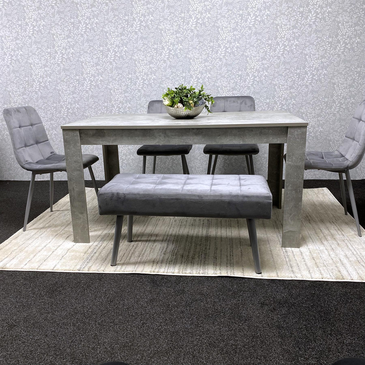 Grey Wooden Dining Table Set with 4 Grey Chairs and 1 Bench - Dining Kitchen Room Furniture
