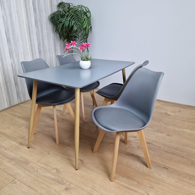 Dining Table and 4 Chairs Dark Grey Wood 4 Grey Plastic Leather Chairs Dining Room
