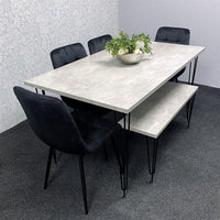 Grey Dining Table with Hairpin Legs, Bench & 4 Black Velvet Chairs Set for Kitchen & Dining Room