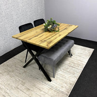 Modern Dining Table Set with Padded Bench and Black Velvet Chairs – Wood Effect Tabletop with X-Shaped Metal Legs – Stylish Kitchen or Dining Room Furniture