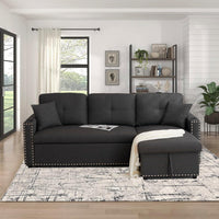 Sofabed 3 Seater Reversible Sectional Sofa Sleeper Set with Storage Chaise, Built-in Cupholder, Decorative Rivets, Pull-out Bed, and Dark Grey Fabric
