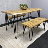 Wooden Dining Table and 2 Benches Set With Metal Hairpin Legs for Dining Room, Work, or Study